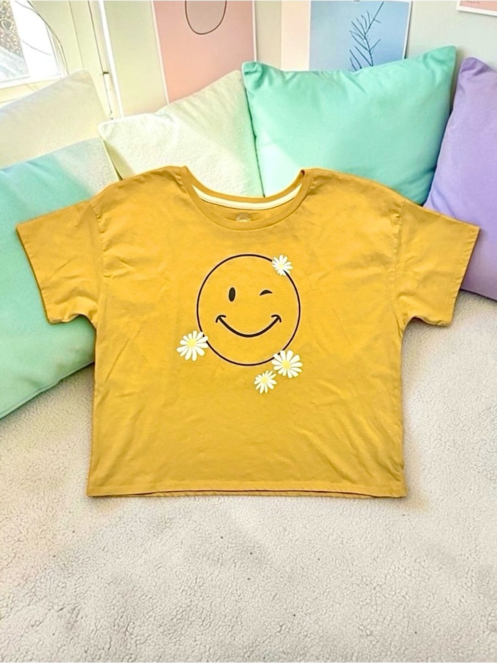 Wonder Nation Girls Daisy Smiley Mustard Crop Tee XL (14–16) EUC